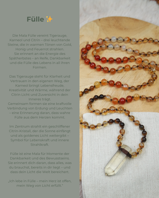 Citrin, Karneol, Tigerauge Mala Kette 108 Perlen