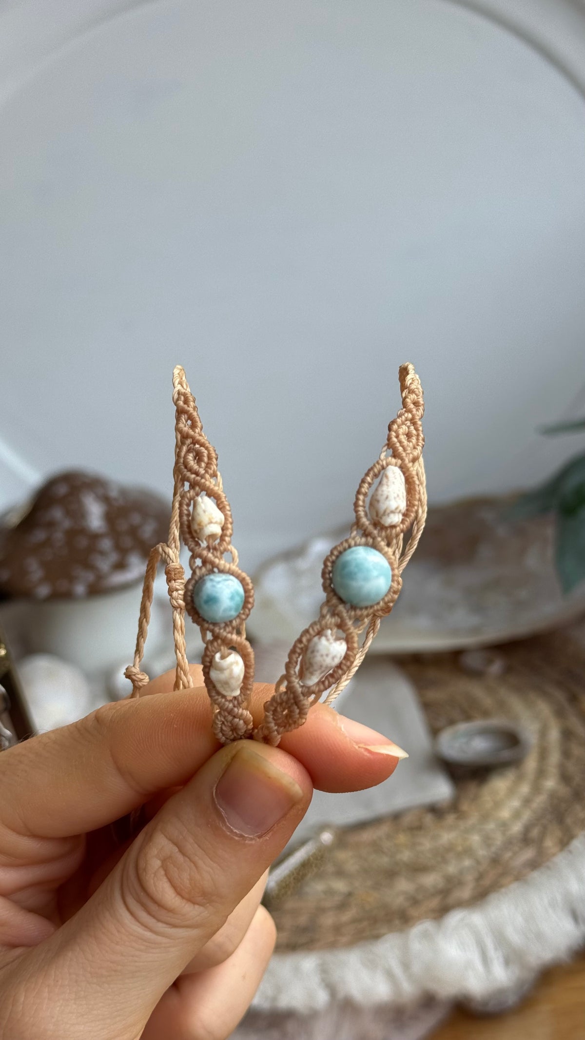 Larimar & Muschel Makramee Armband