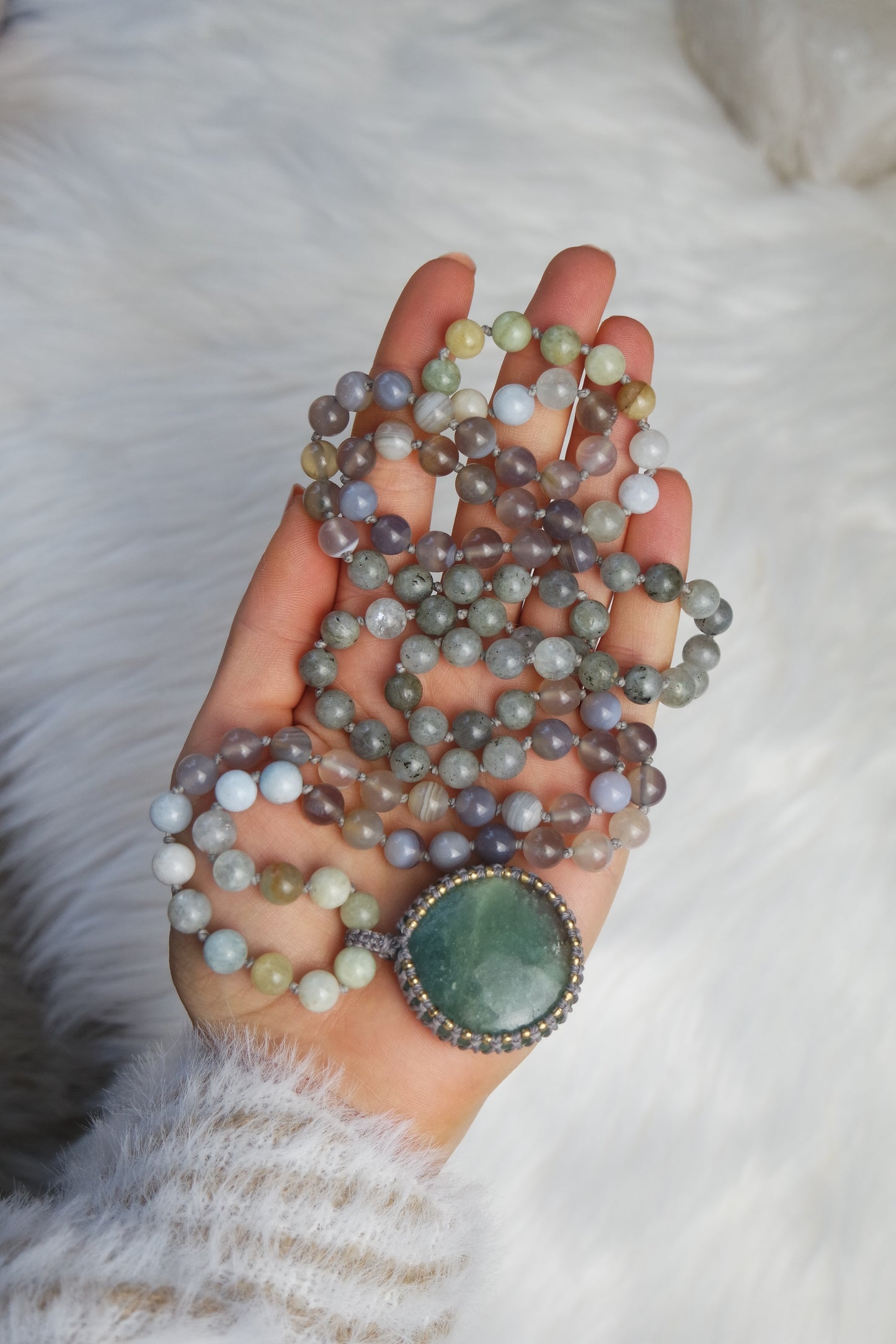Labradorit, Achat & Aquamarin Mala Kette 108 Perlen