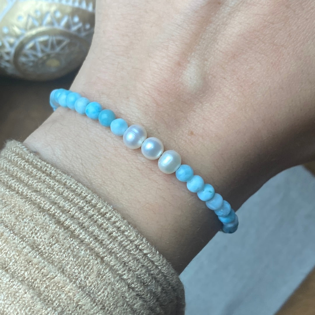 Larimar & perlen Karabiner Armband 17-21cm Nr.2