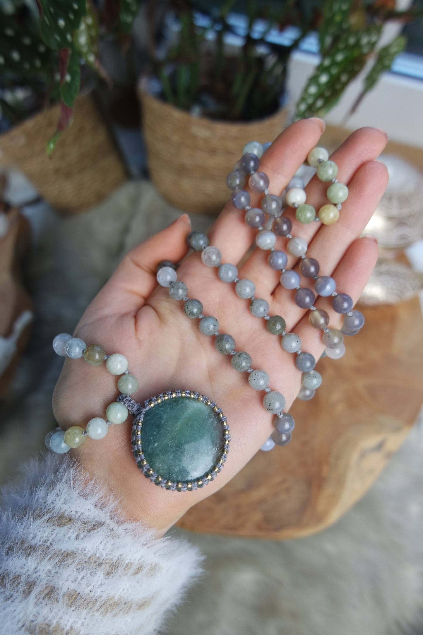 Labradorit, Achat & Aquamarin Mala Kette 108 Perlen