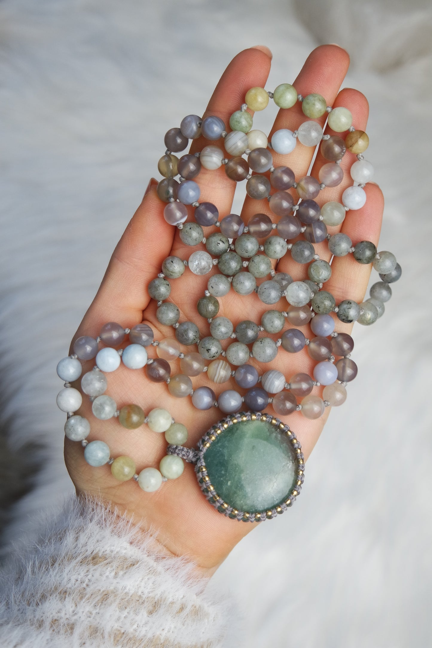 Labradorit, Achat & Aquamarin Mala Kette 108 Perlen