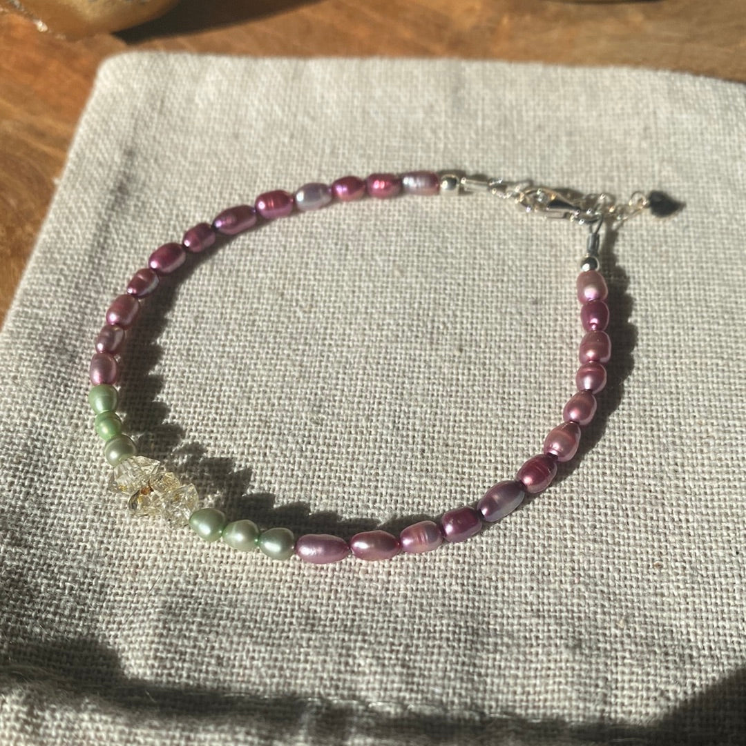 Perlen & Herkimer Diamanten Karabiner Armband 925 Silber 19-21cm