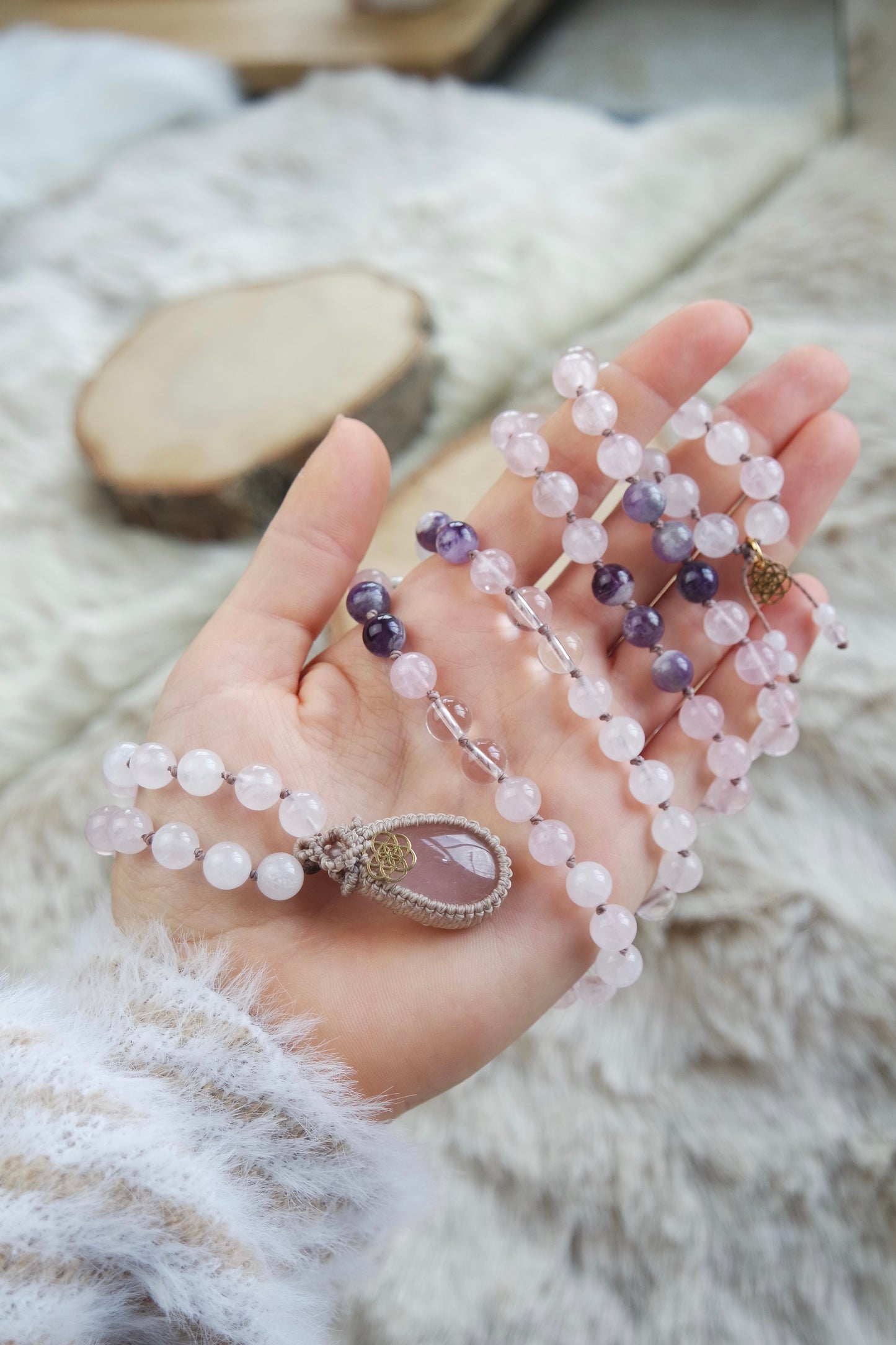Rosenquarz, Amethyst & Bergkristall Mala Kette 108 Perlen