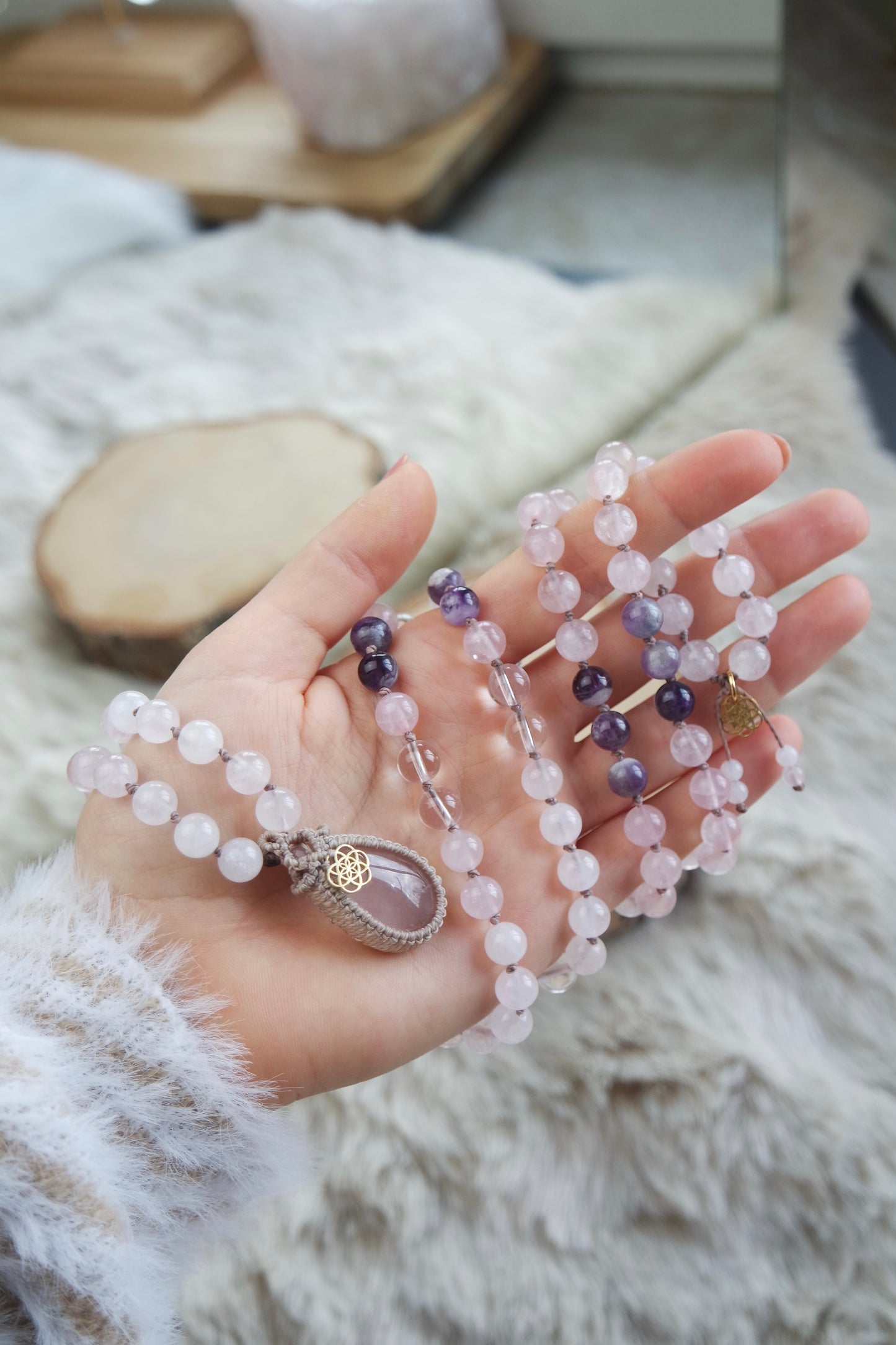 Rosenquarz, Amethyst & Bergkristall Mala Kette 108 Perlen