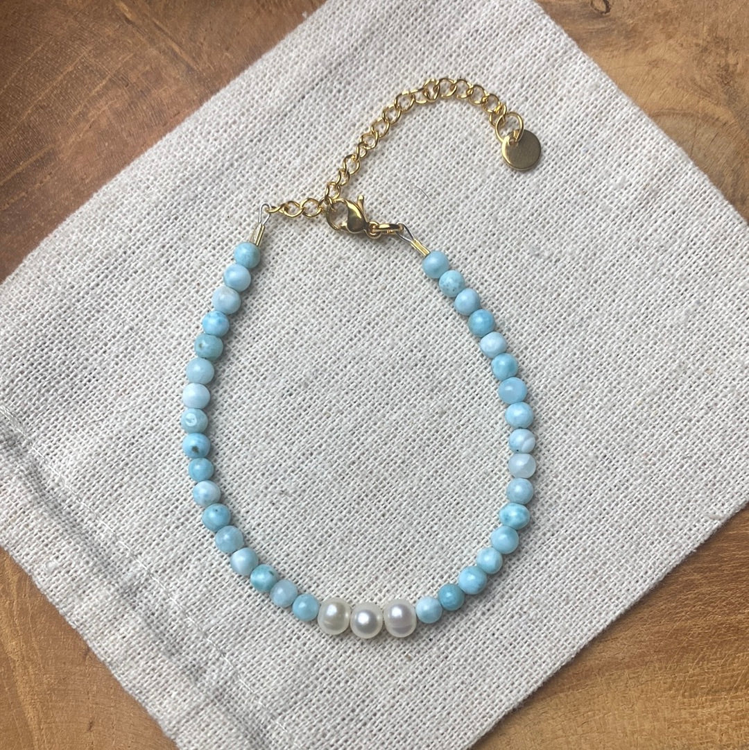 Larimar & perlen Karabiner Armband 17-21cm Nr.2