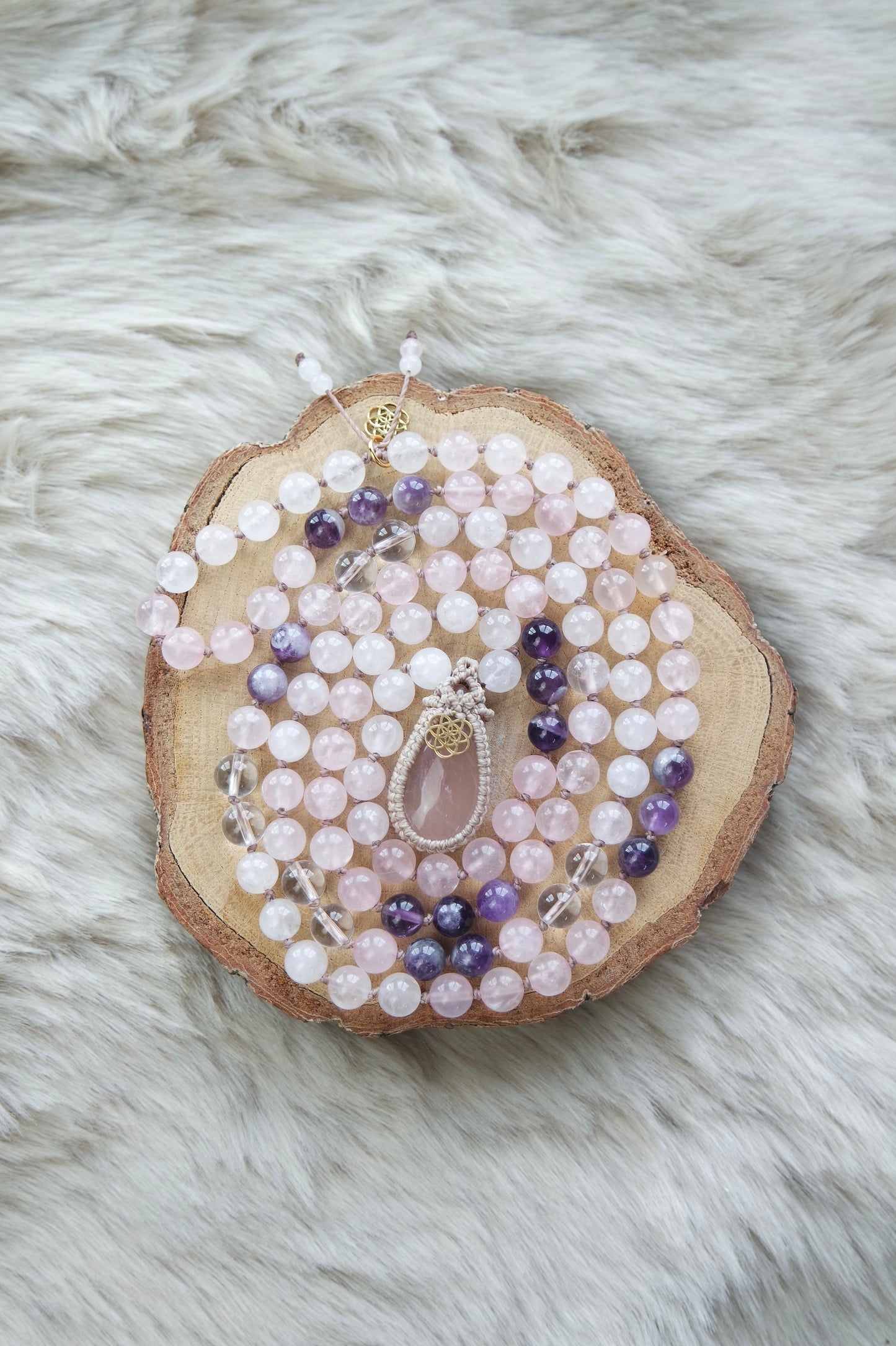 Rosenquarz, Amethyst & Bergkristall Mala Kette 108 Perlen