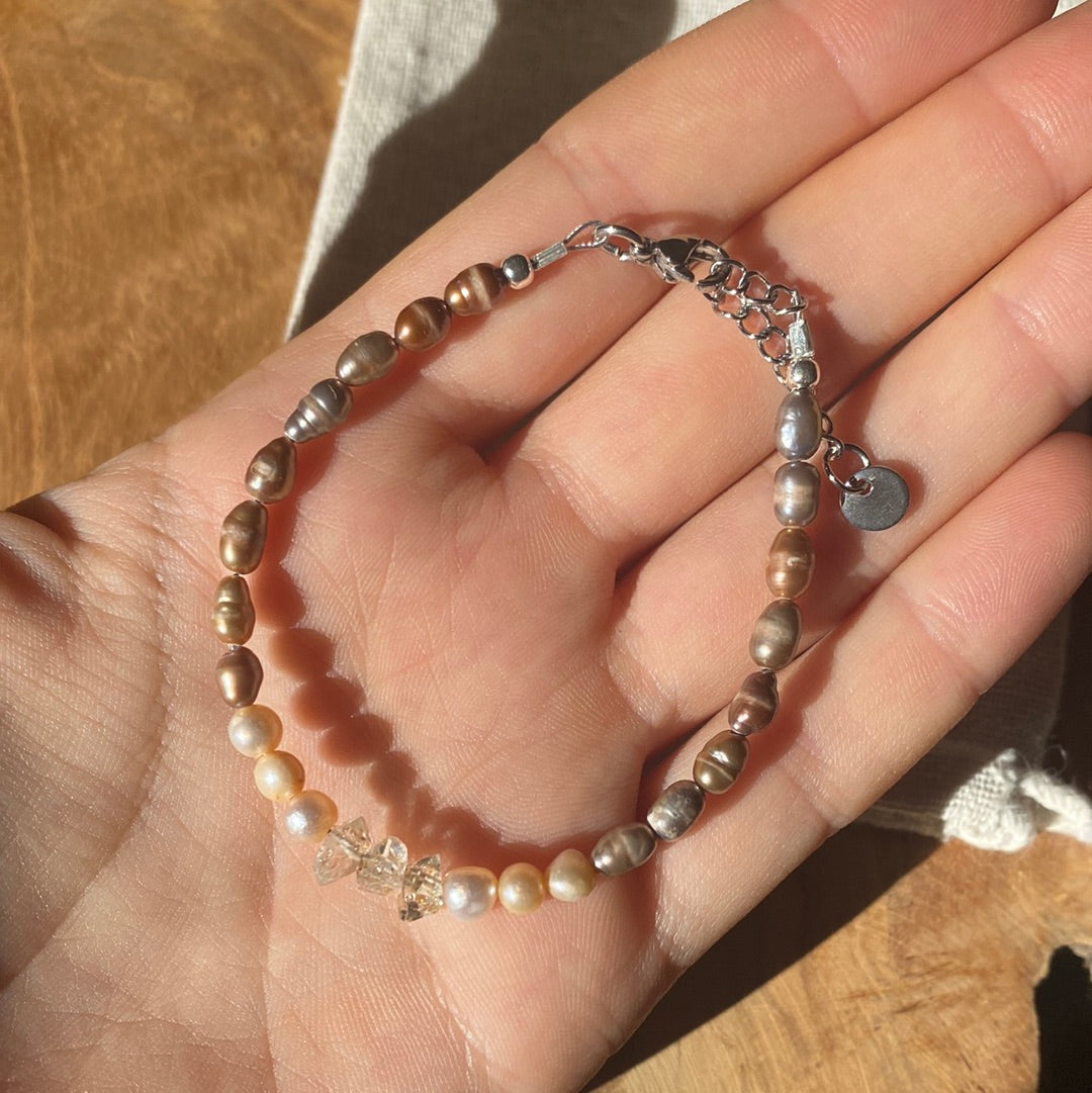 Perlen & Herkimer Diamanten Karabiner Armband 925 Silber 16-19cm