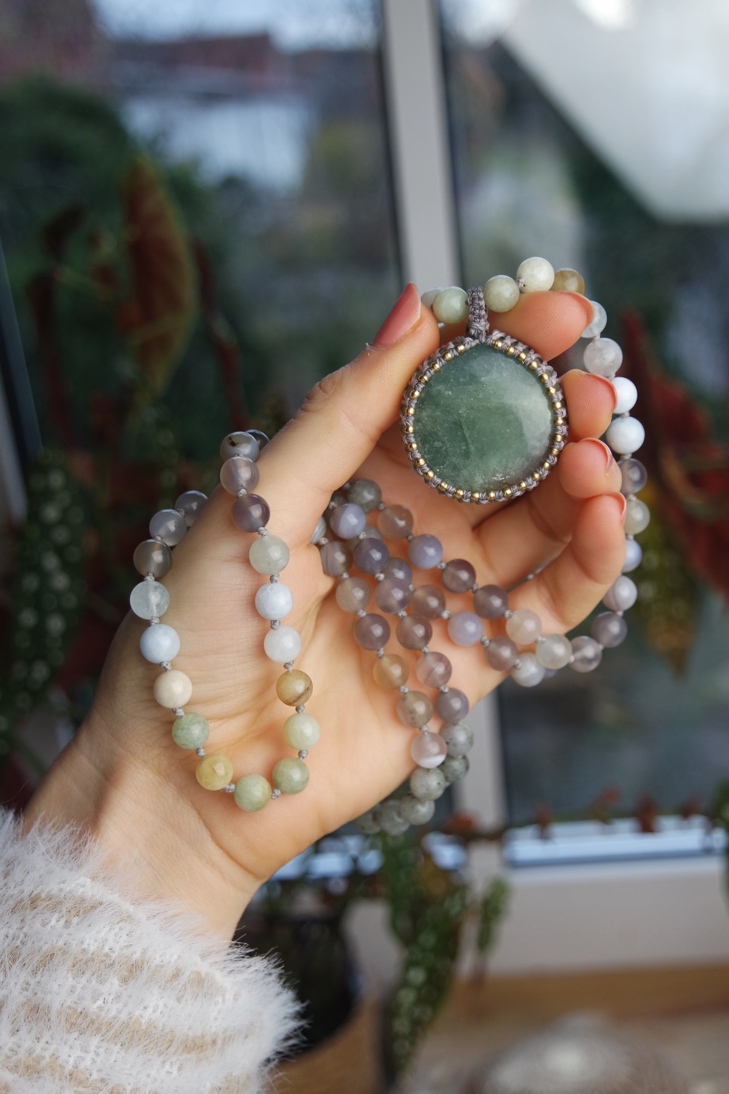 Labradorit, Achat & Aquamarin Mala Kette 108 Perlen