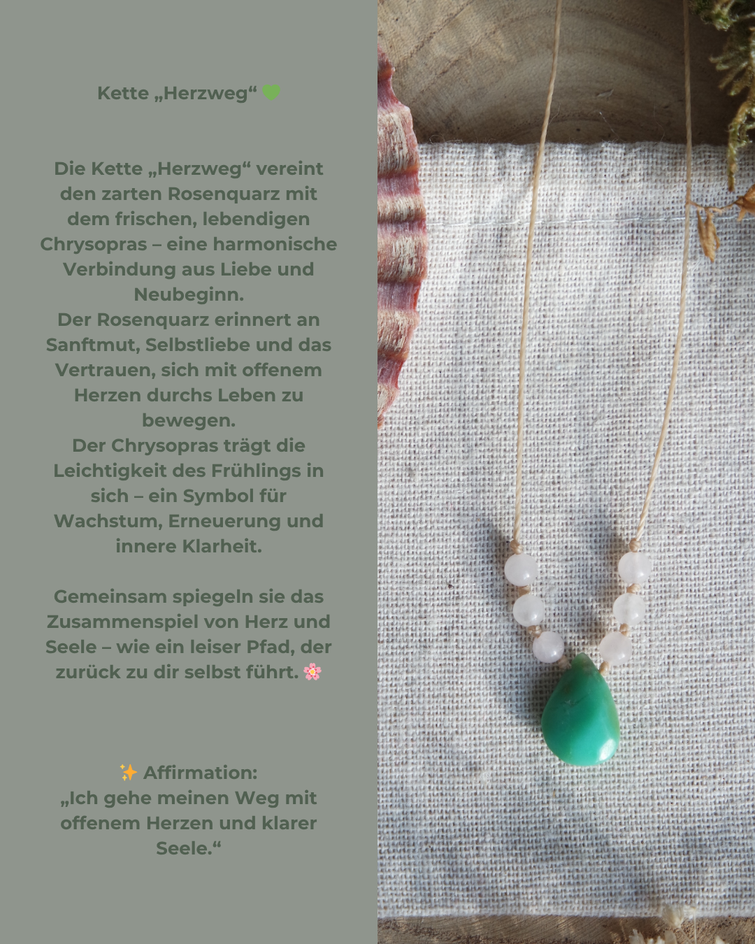 Chrysopras & Rosenquarz Makramee Kette ~ HERZWEG