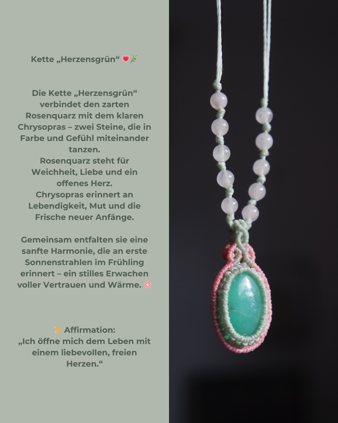 Chrysopras & Rosenquarz Makramee Kette ~ HERZENSGRÜN