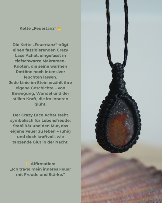 Makramee Kette „Feuertanz“ mit Crazy Lace Achat