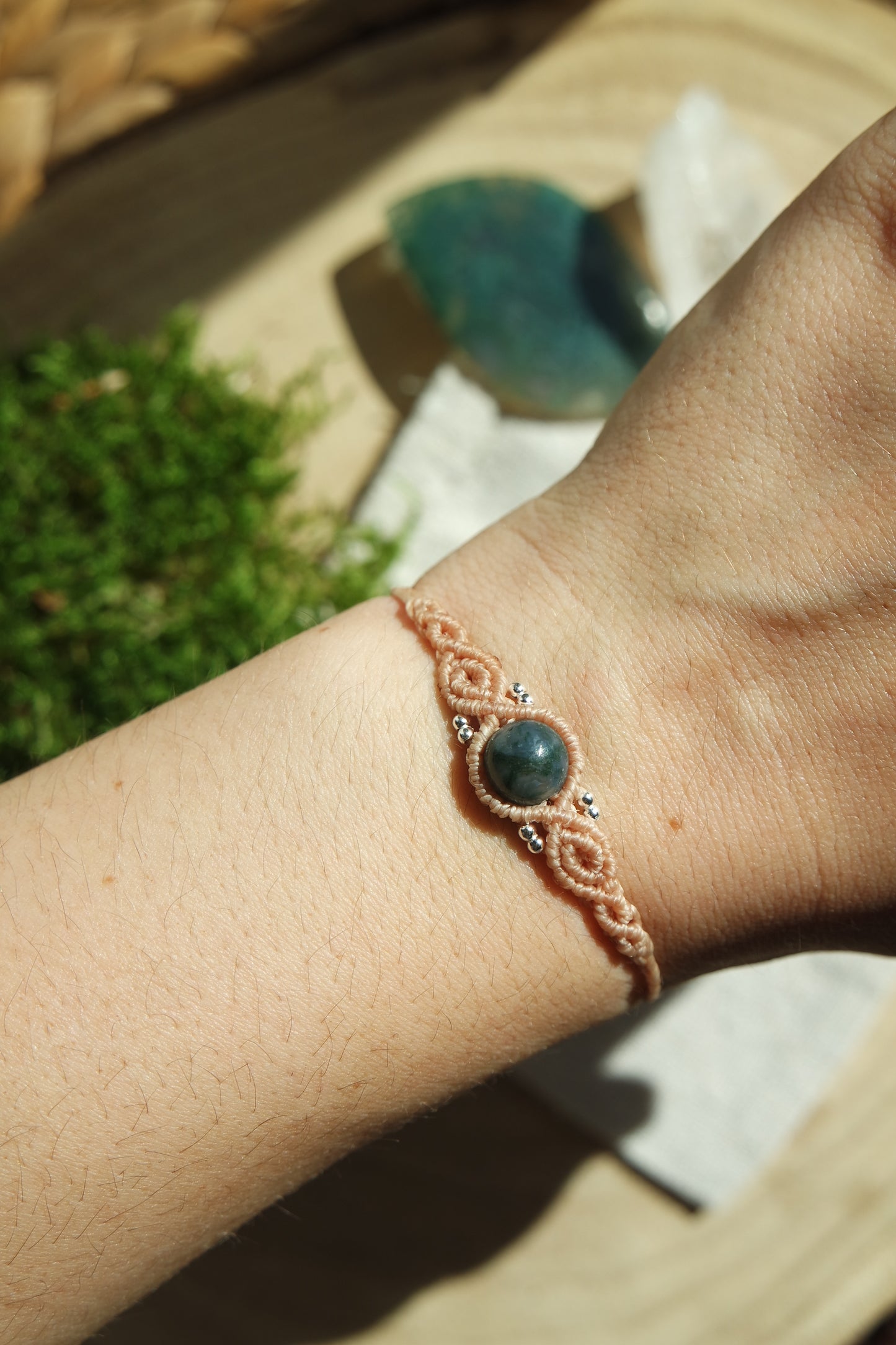 Natürliches Armband Moosachat beige handgeknüpft