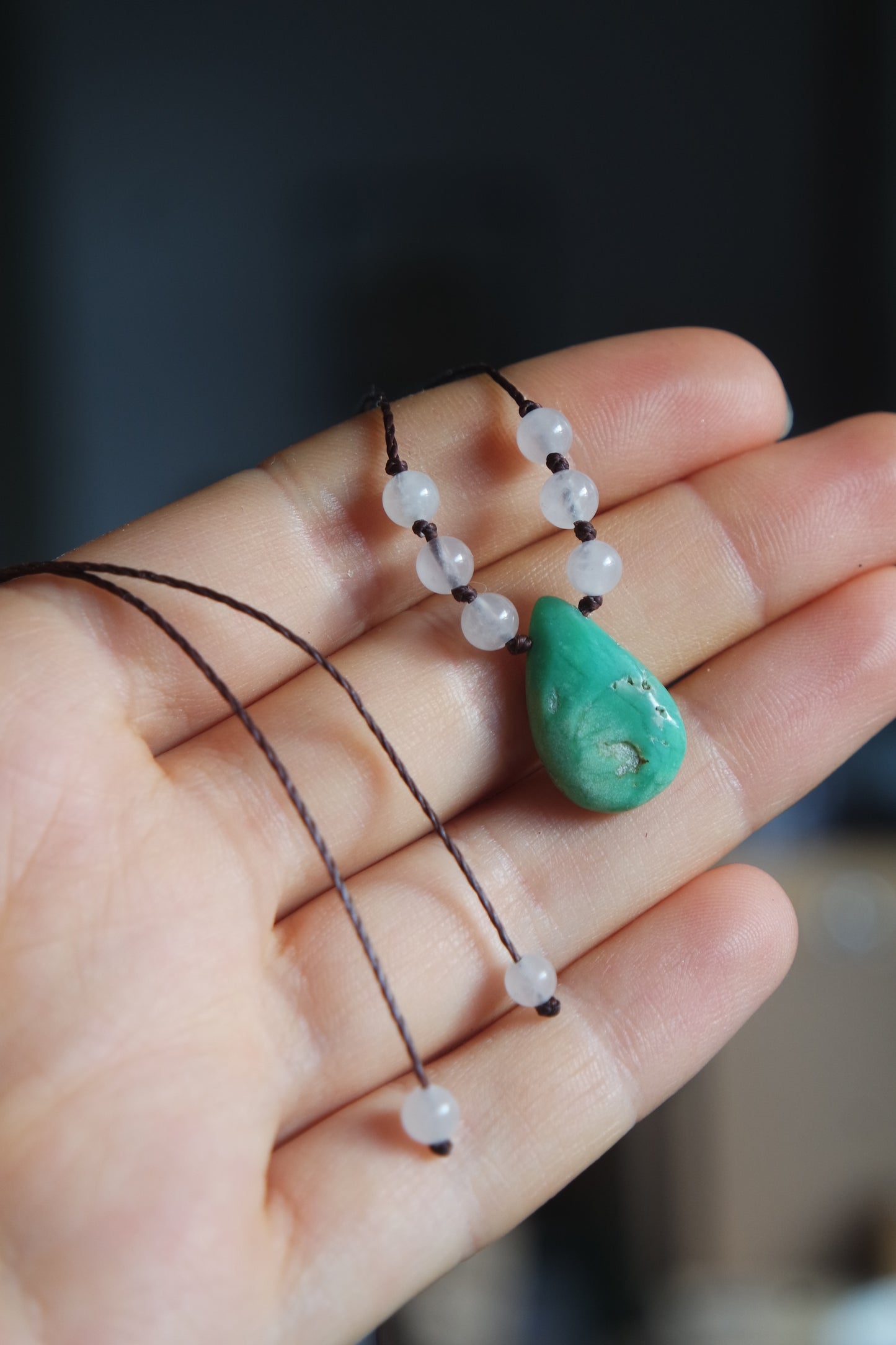 Chrysopras & Rosenquarz Makramee Kette ~ HERZKLANG