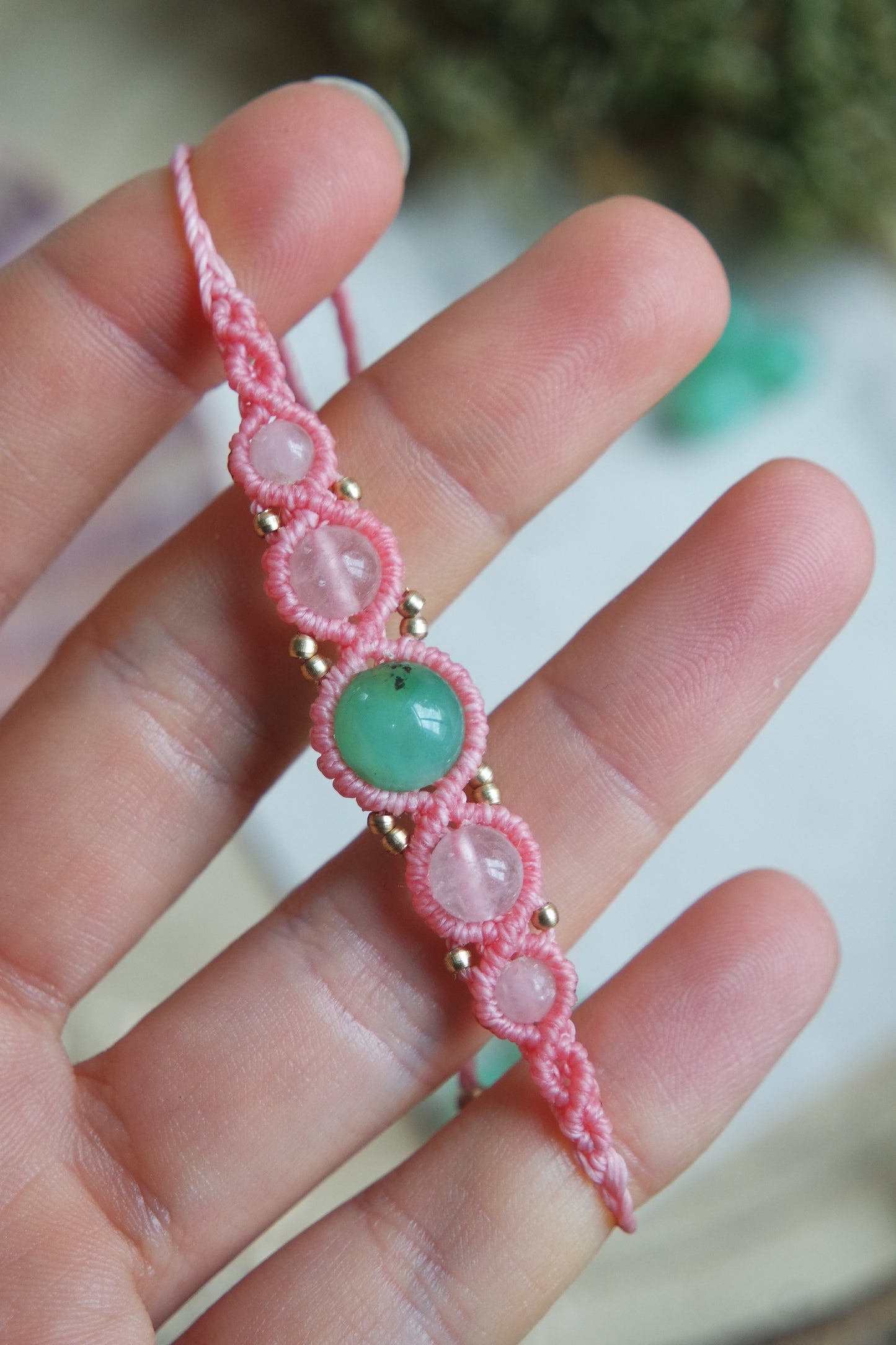 Crysopras & Rosenquarz Makramee Armand ~ LIEBESFLÜSTERN