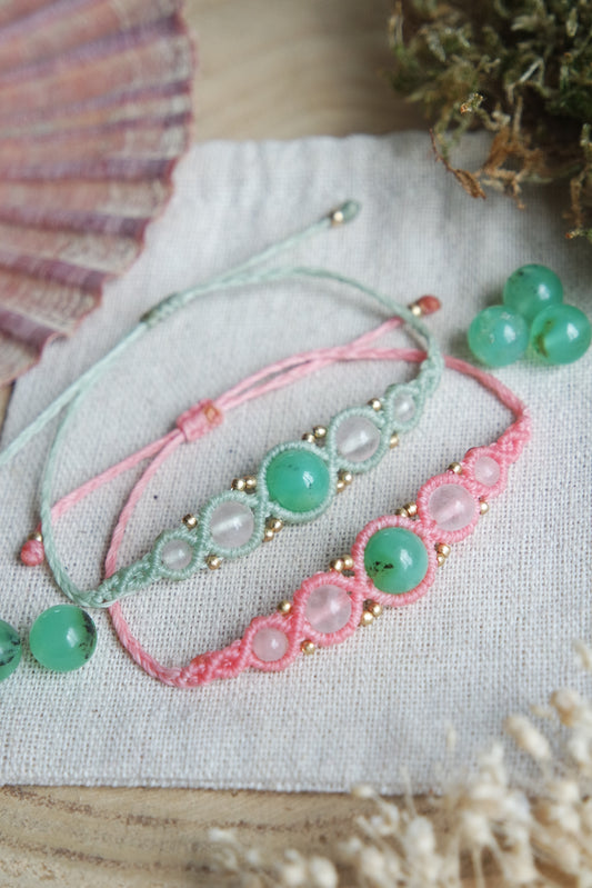 Crysopras & Rosenquarz Makramee Armand ~ LIEBESFLÜSTERN