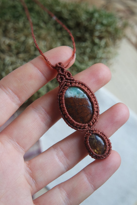 Chrysopras & Bernstein Makramee Kette ~ LICHTQUELLE