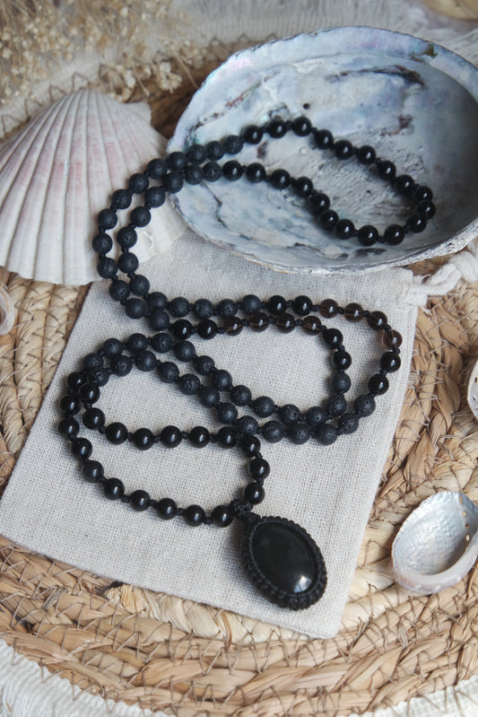 Mala Kette 108 Perlen ~ Turmalin, Obsidian, Onyx & Rauchquarz