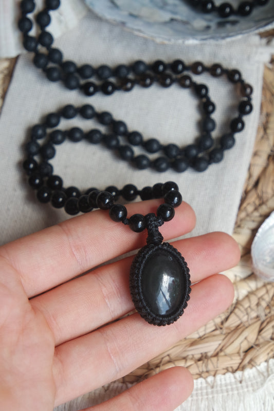 Mala Kette 108 Perlen ~ Turmalin, Obsidian, Onyx & Rauchquarz