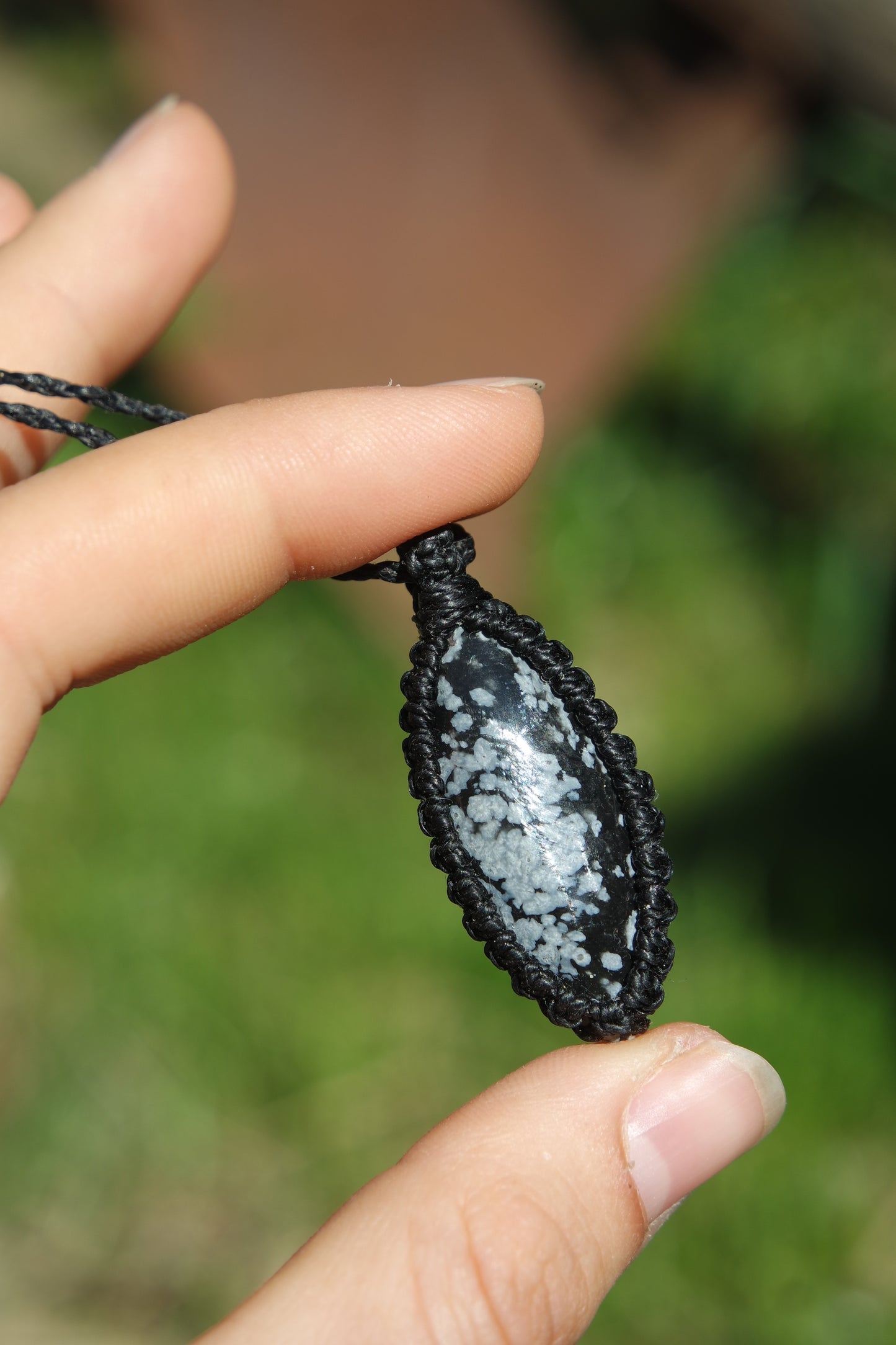 Schneeflocken Obsidian Makramee Kette ~ 29wq