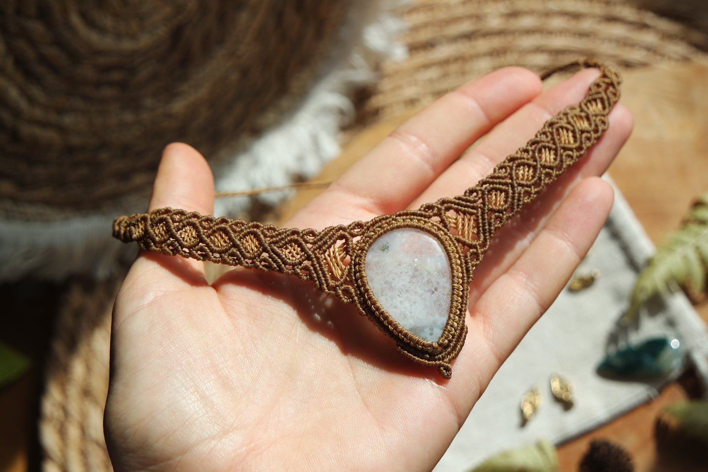 Moosachat Makramee Collier/ Kopfschmuck