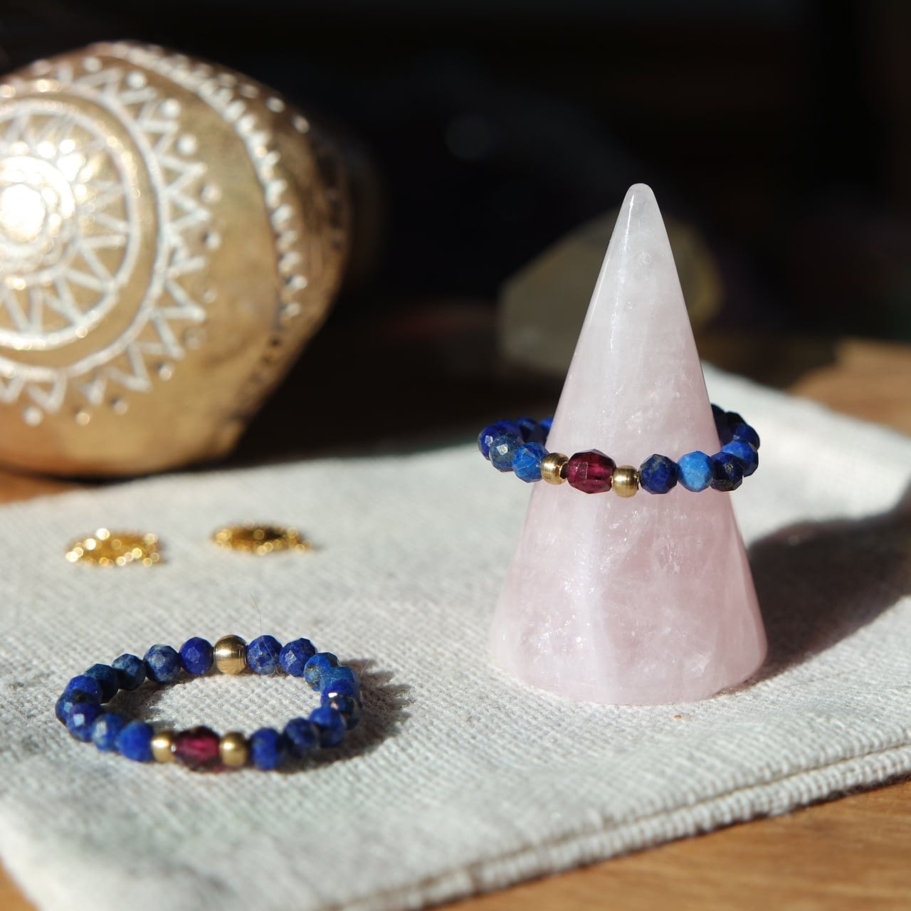 Lapislazuli & Granat Edelstein Ring Messing 55
