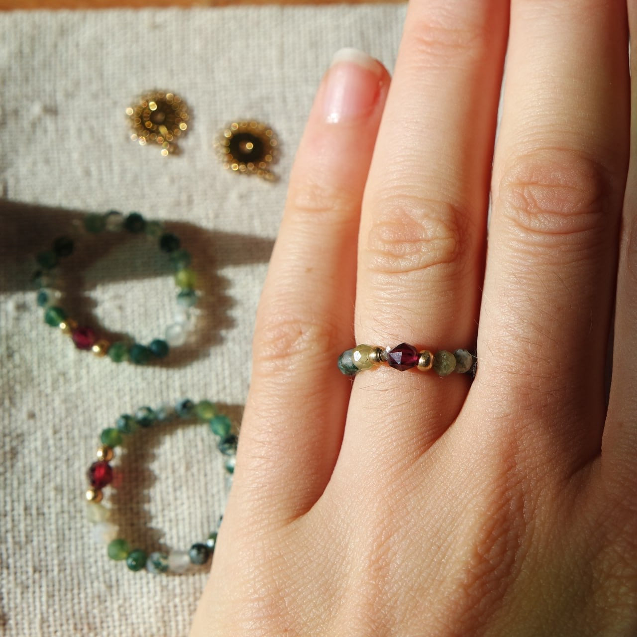 Moosachat & Granat Edelstein Ring Messing