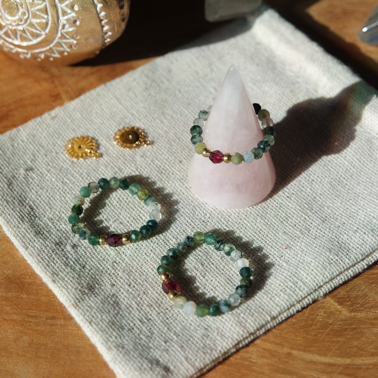 Moosachat & Granat Edelstein Ring Messing