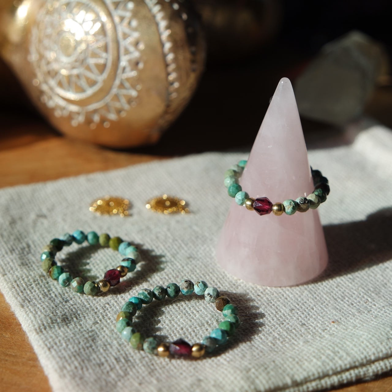 Türkis & Granat Edelstein Ring Messing