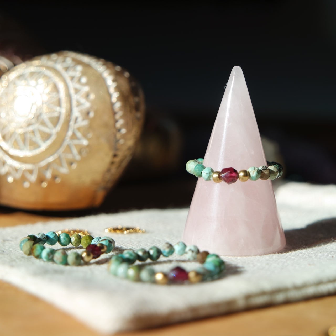Türkis & Granat Edelstein Ring Messing