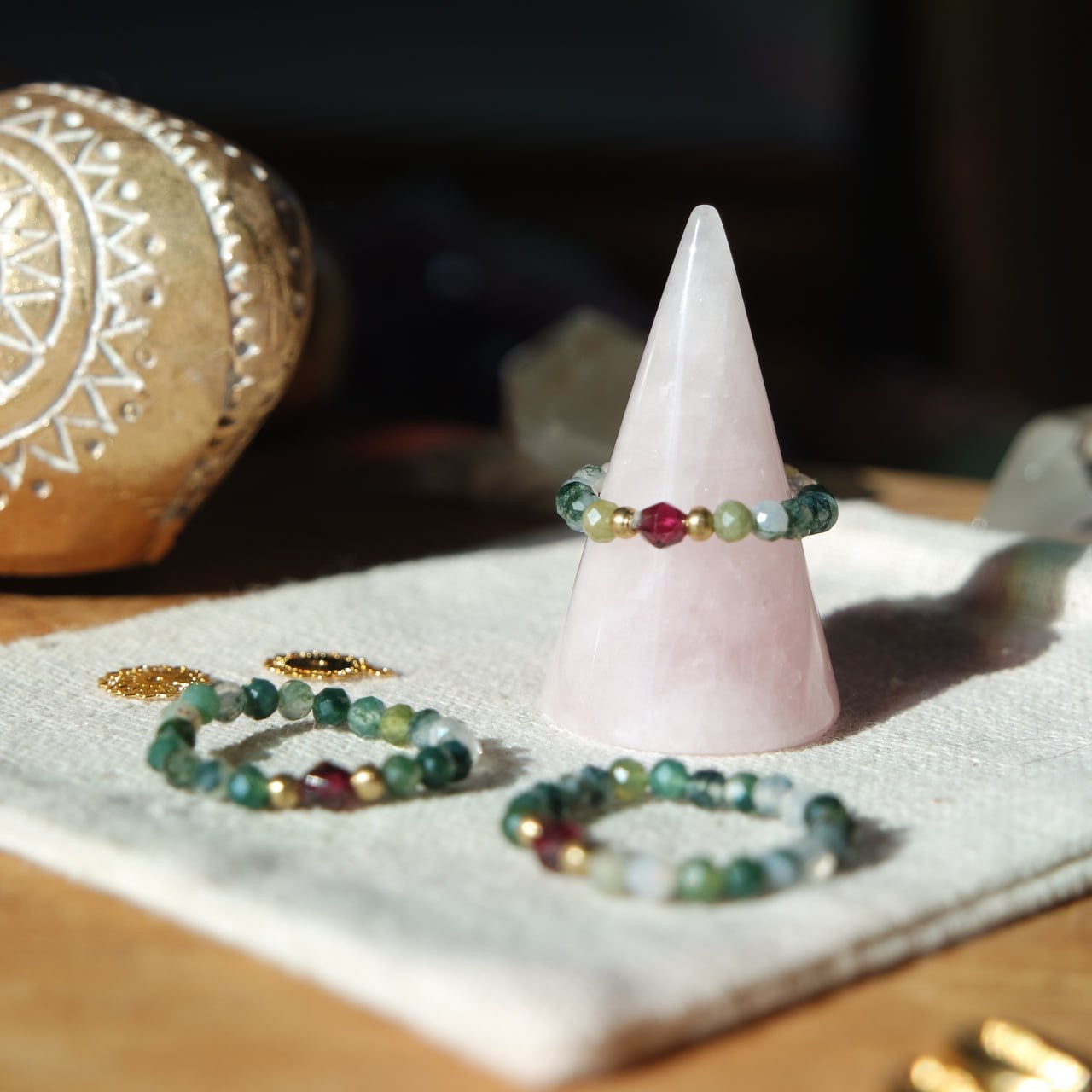 Moosachat & Granat Edelstein Ring Messing