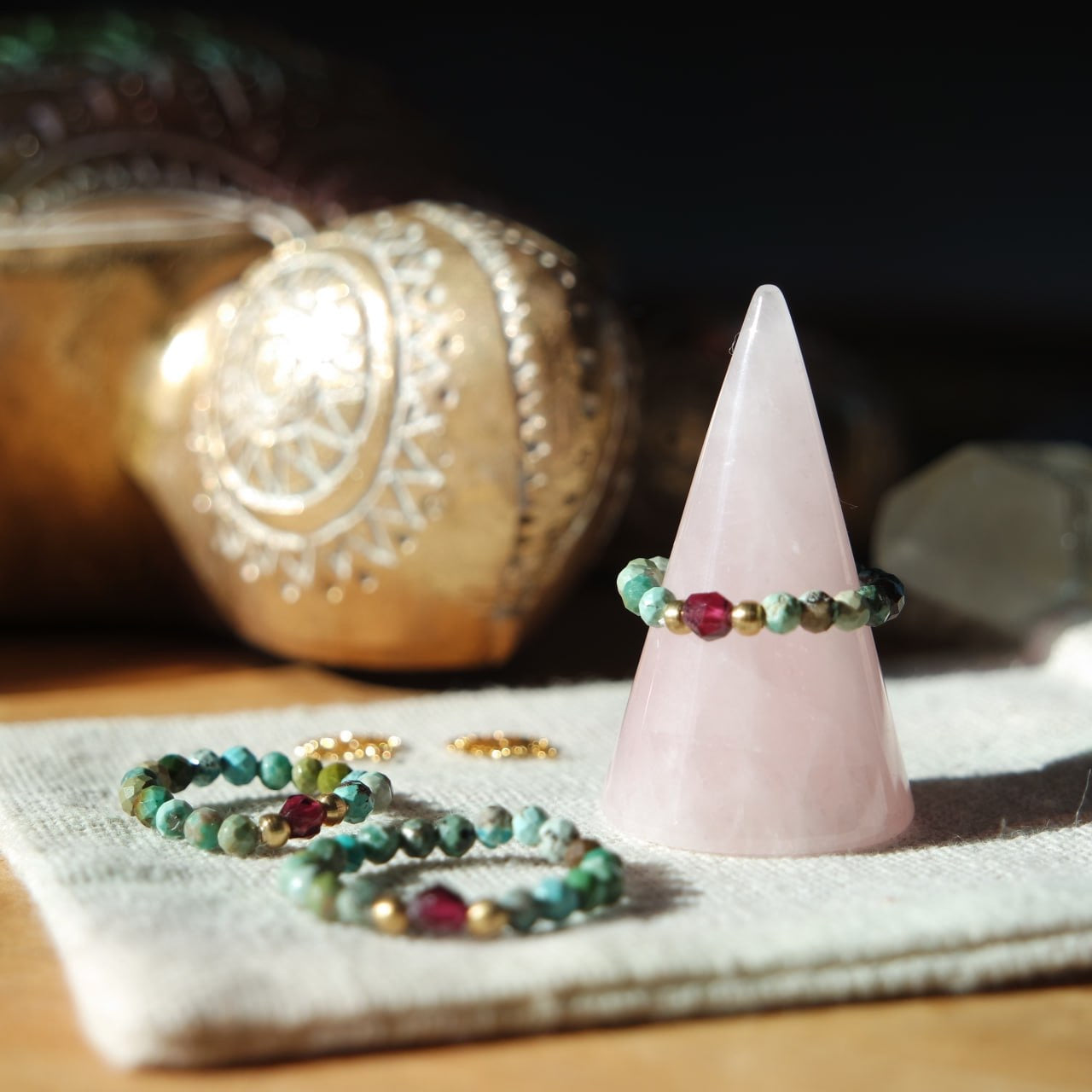Türkis & Granat Edelstein Ring Messing