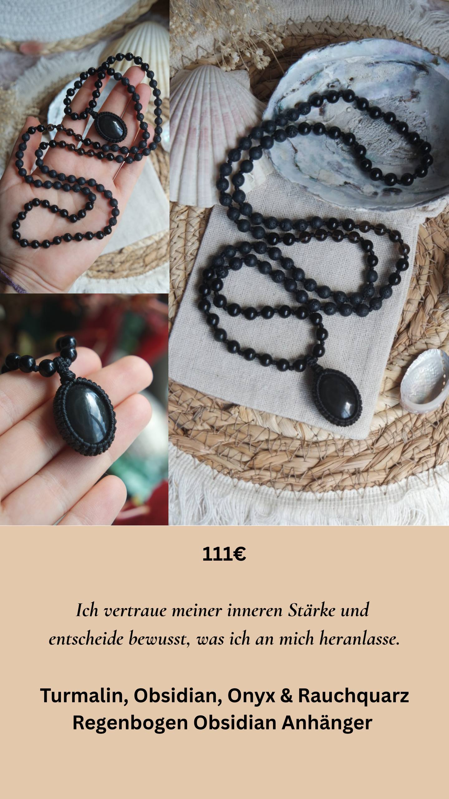 Mala Kette 108 Perlen ~ Turmalin, Obsidian, Onyx & Rauchquarz
