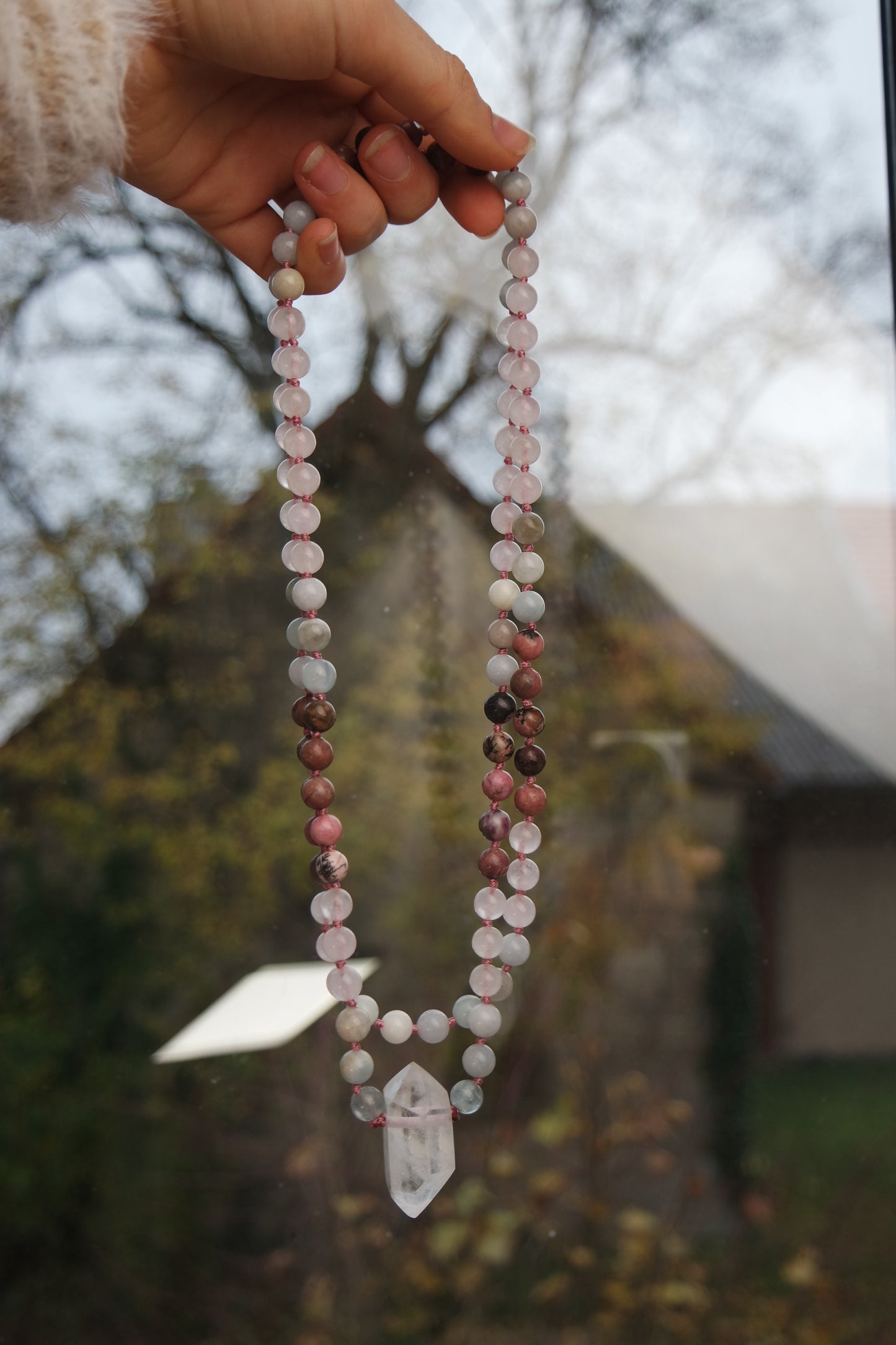 Aquamarin , rosenquarz, Rhodonit, Rosenquarz Mala Kette 108 Perlen