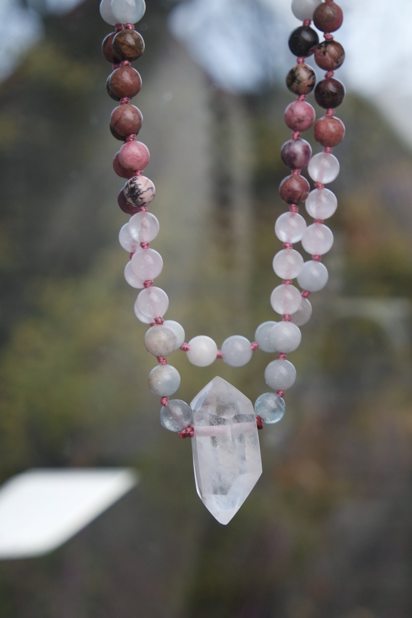 Aquamarin , rosenquarz, Rhodonit, Rosenquarz Mala Kette 108 Perlen