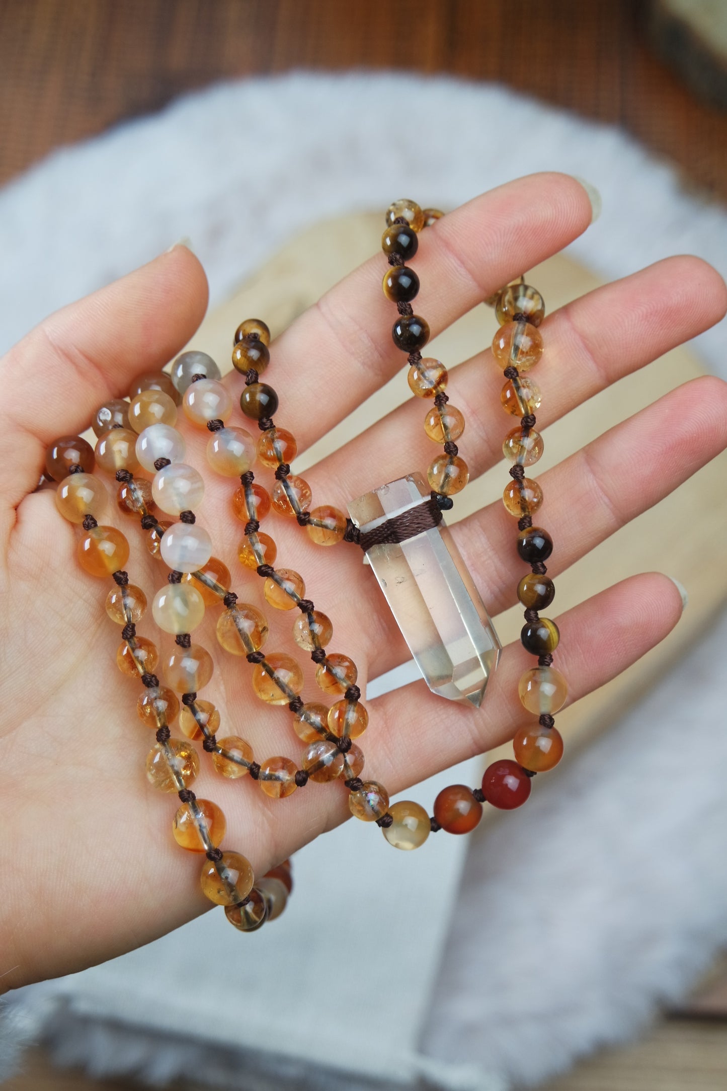 Citrin, Karneol, Tigerauge Mala Kette 108 Perlen