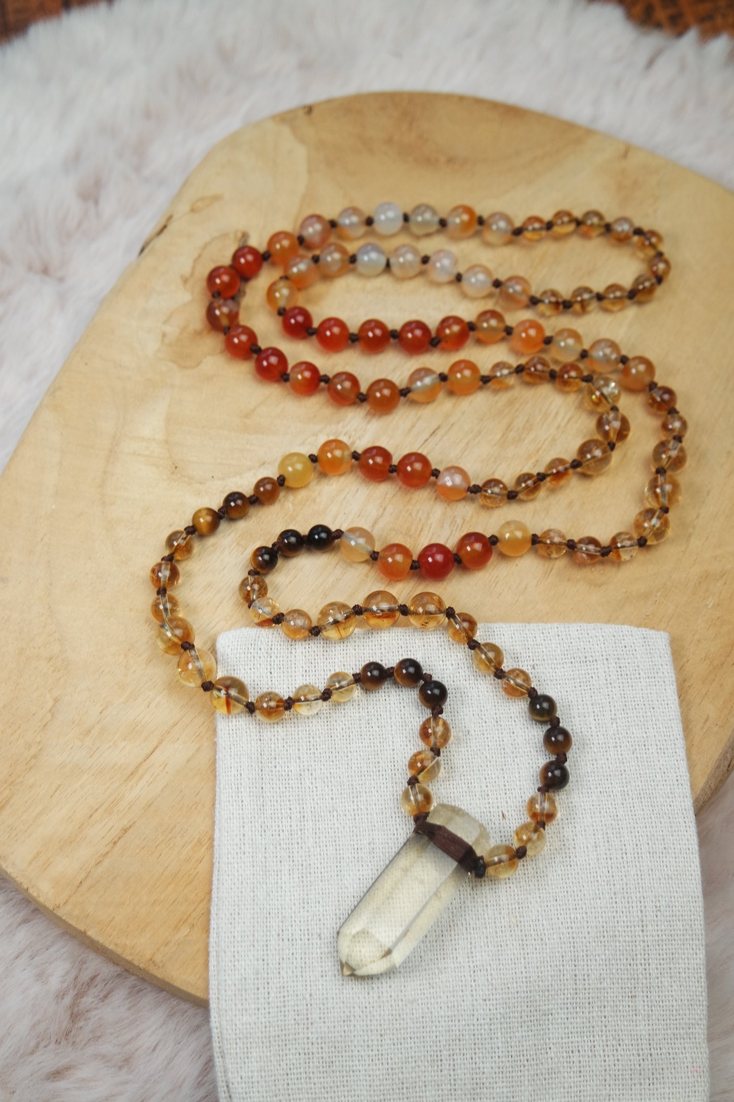 Citrin, Karneol, Tigerauge Mala Kette 108 Perlen