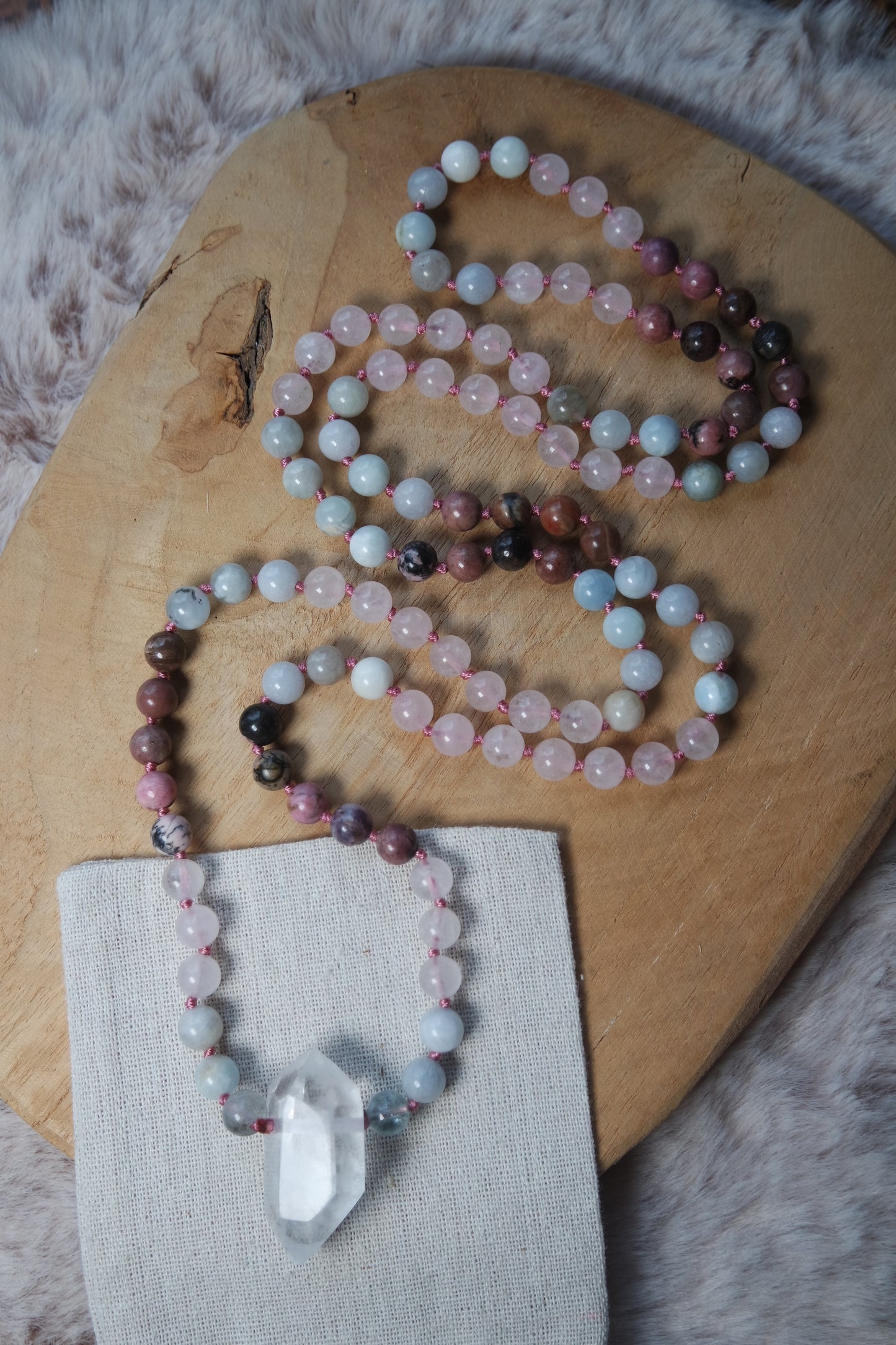 Aquamarin , rosenquarz, Rhodonit, Rosenquarz Mala Kette 108 Perlen