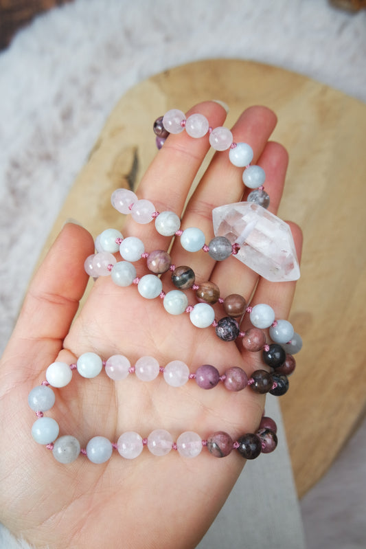 Aquamarin , rosenquarz, Rhodonit, Rosenquarz Mala Kette 108 Perlen