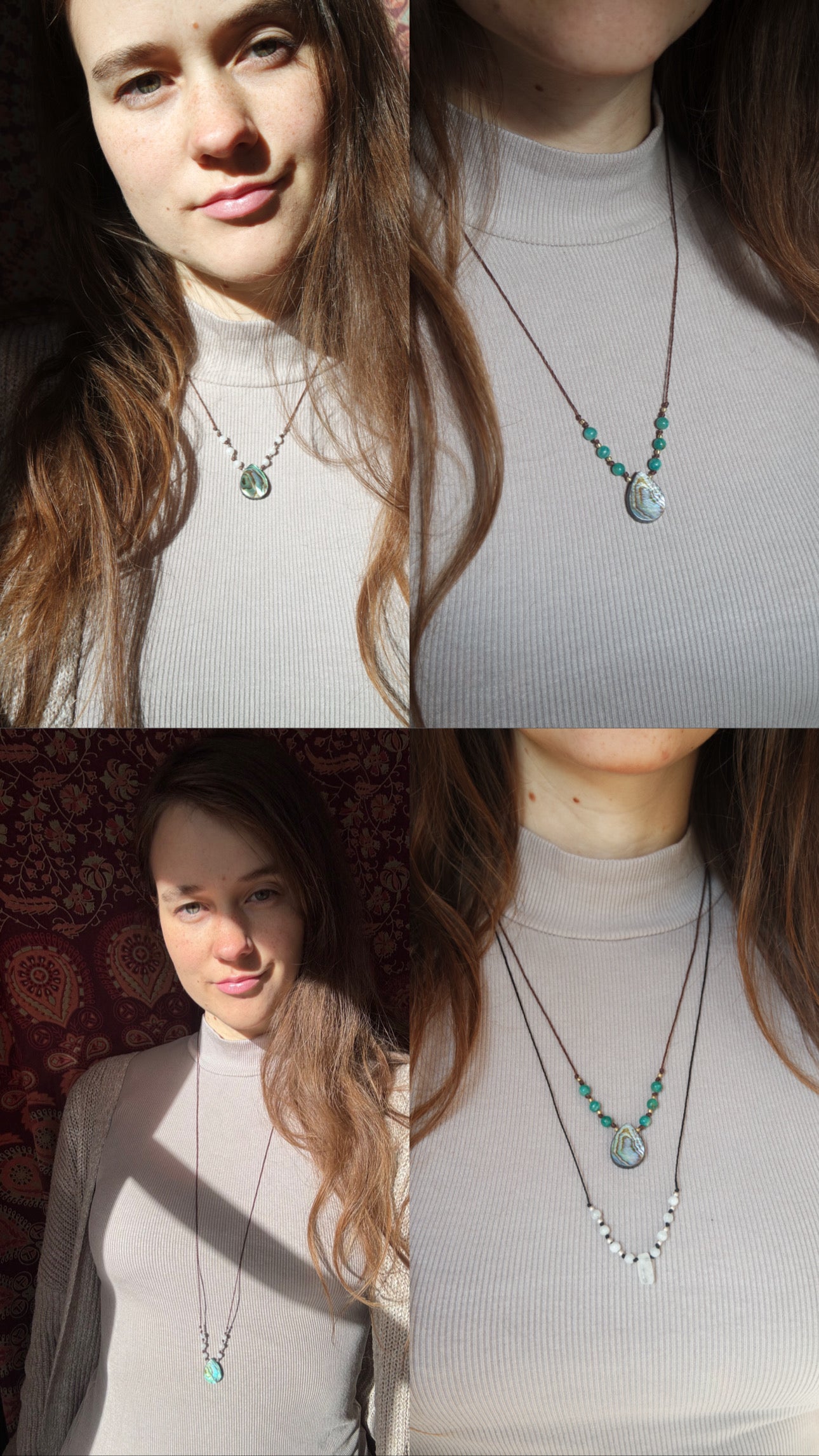 Abalone & Weißer Labradorit Makramee Kette