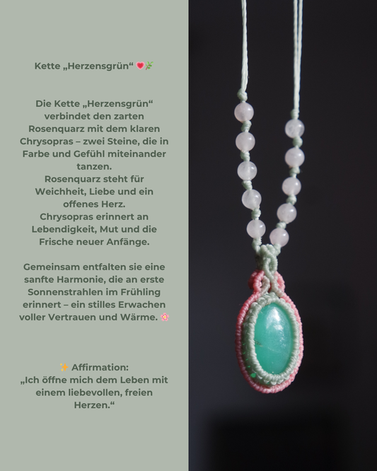 Chrysopras & Rosenquarz Makramee Kette ~ HERZENSGRÜN