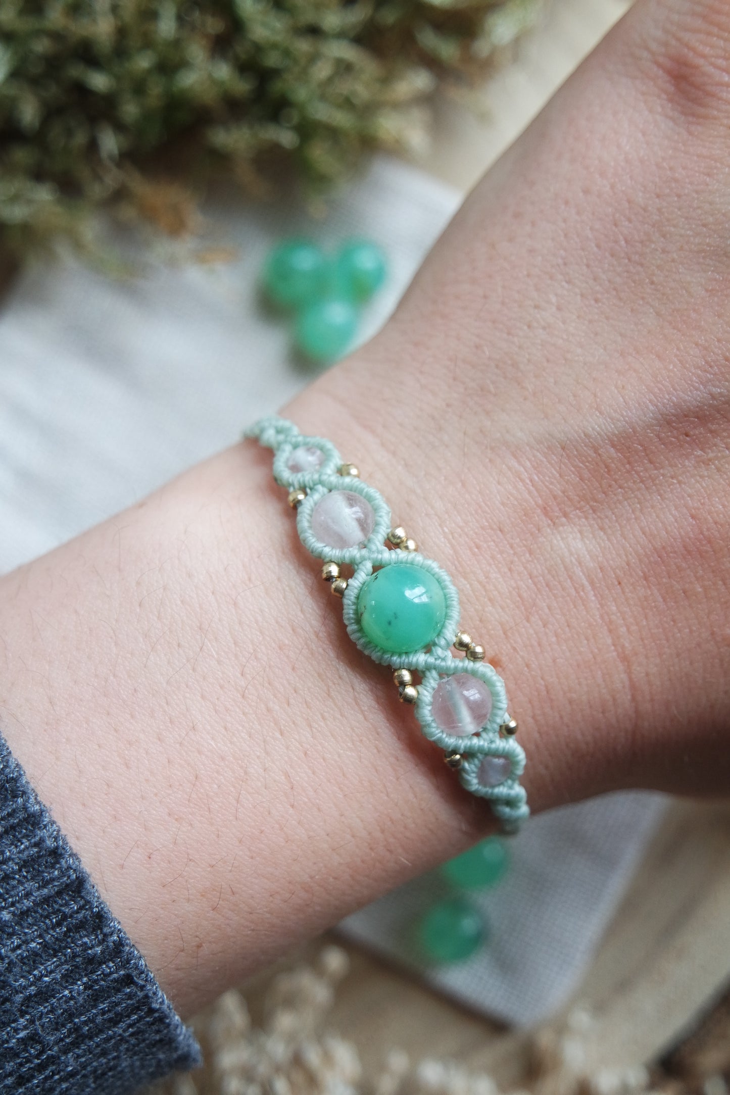 Crysopras & Rosenquarz Makramee Armand ~ LIEBESFLÜSTERN