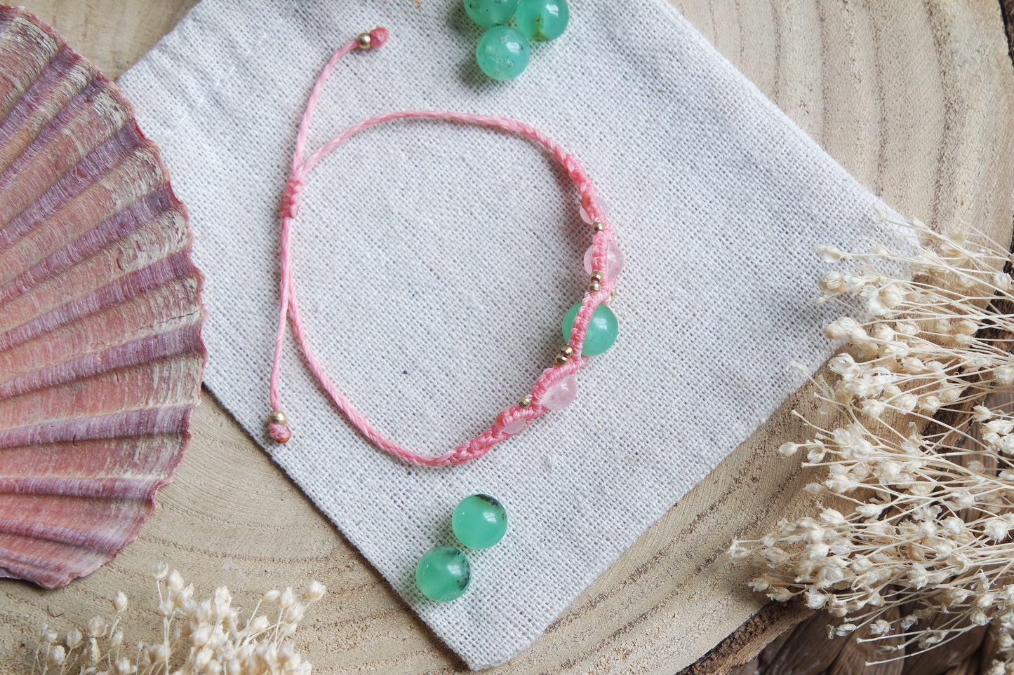 Crysopras & Rosenquarz Makramee Armand ~ LIEBESFLÜSTERN