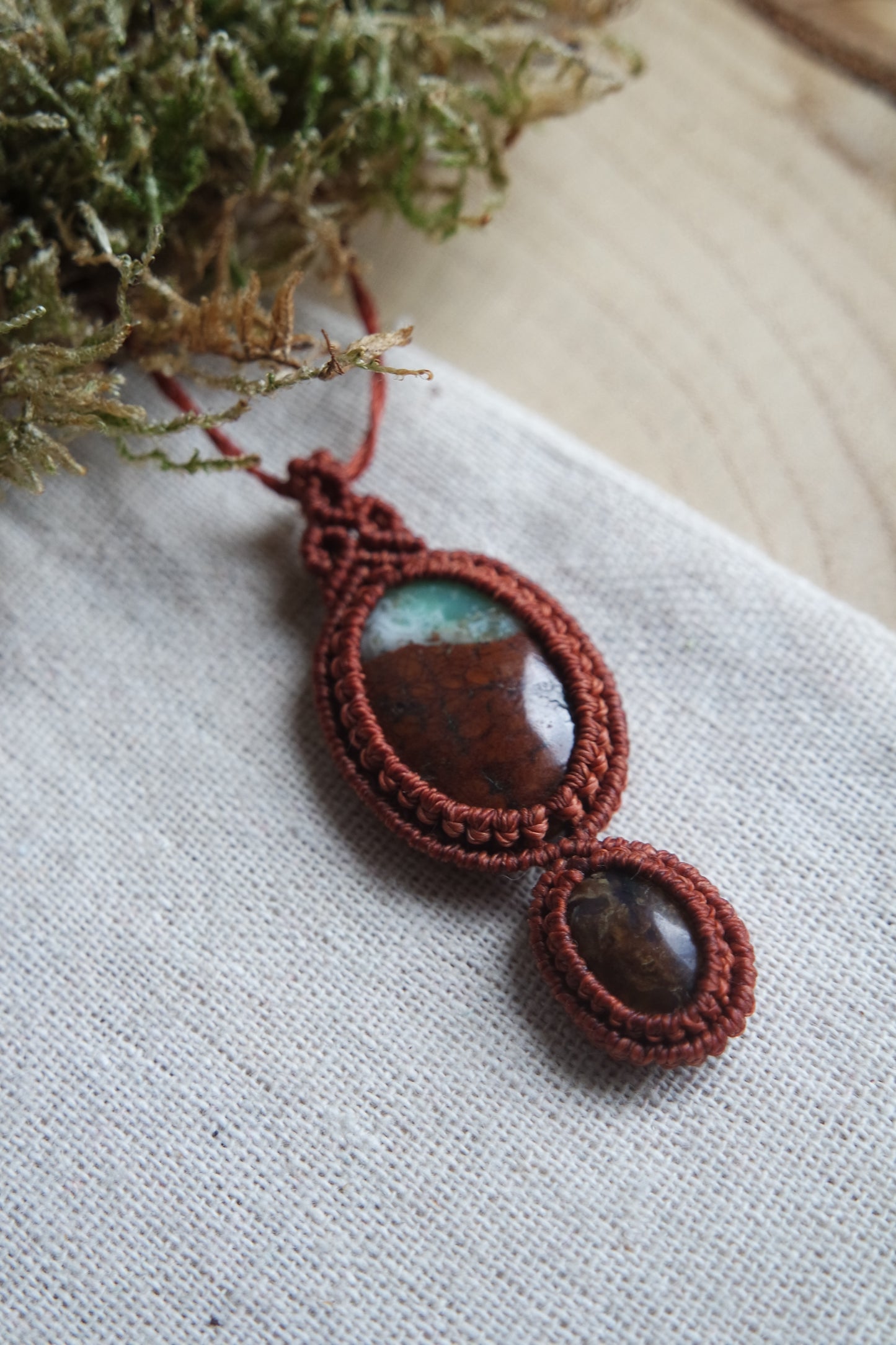 Chrysopras & Bernstein Makramee Kette ~  LICHTQUELLE