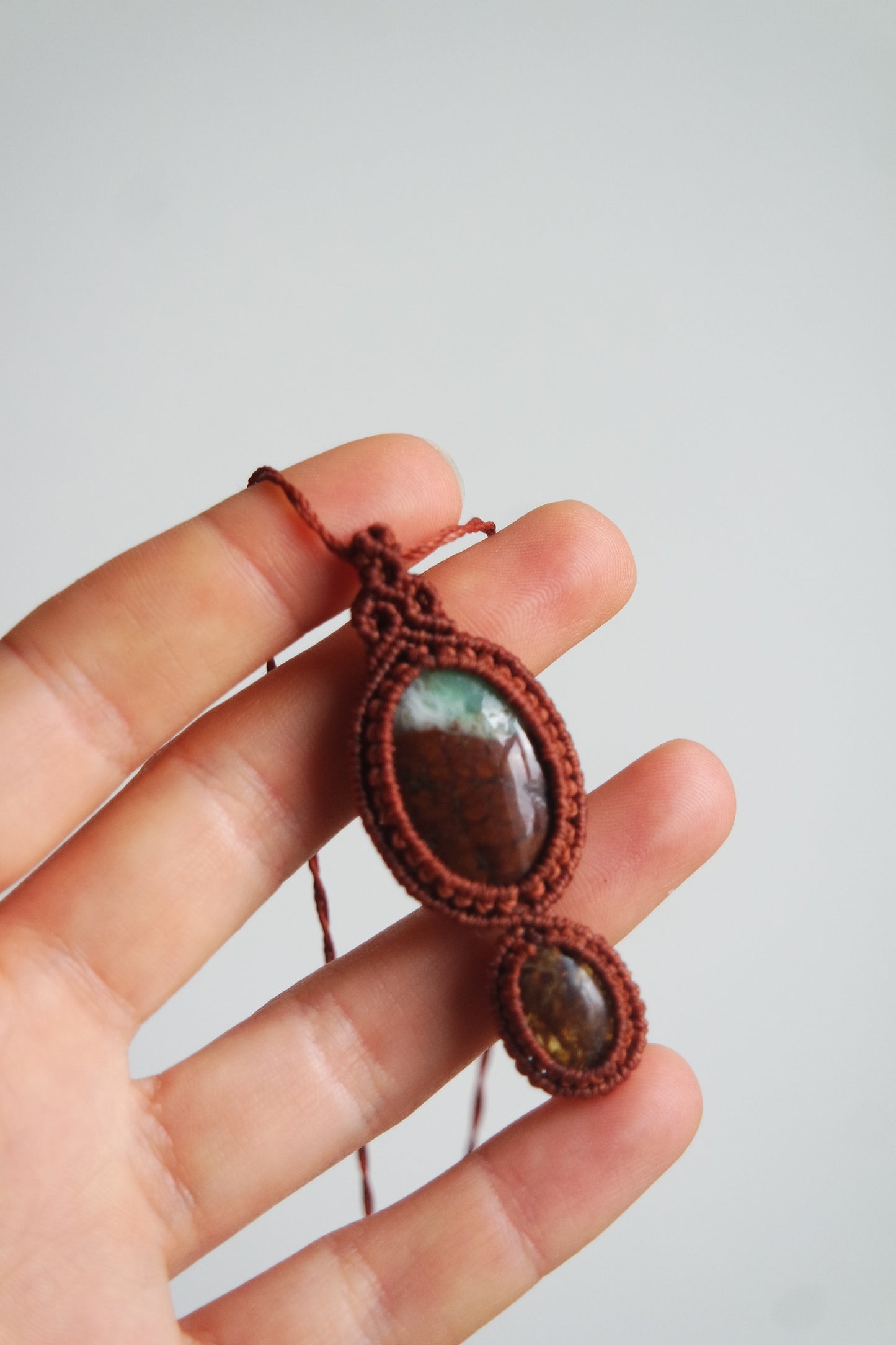 Chrysopras & Bernstein Makramee Kette ~  LICHTQUELLE