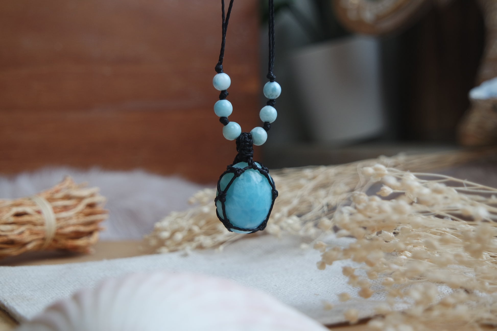 Larimar Kette Wasseratem mit Perlen handgemachter Makramee Edelsteinschmuck