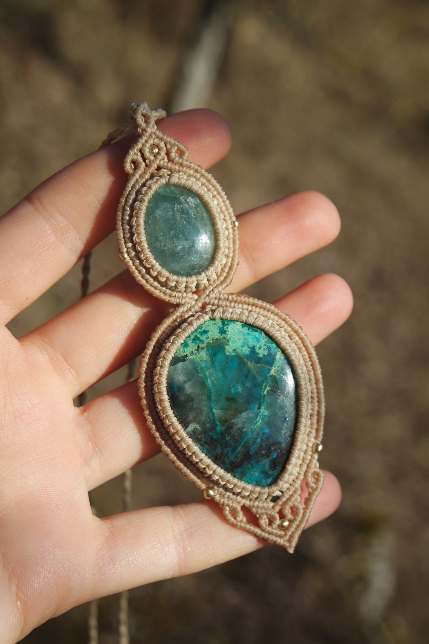 Aquamarin & Chrysokoll Makramee Kette ~ AMELIRA