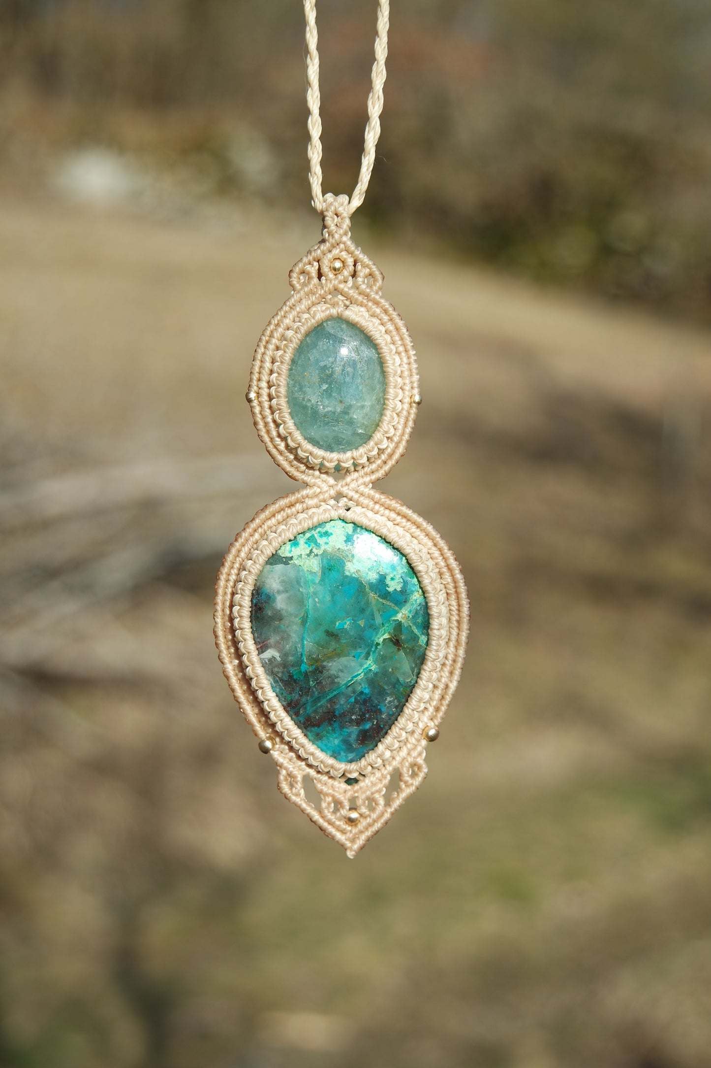Aquamarin & Chrysokoll Makramee Kette ~ AMELIRA