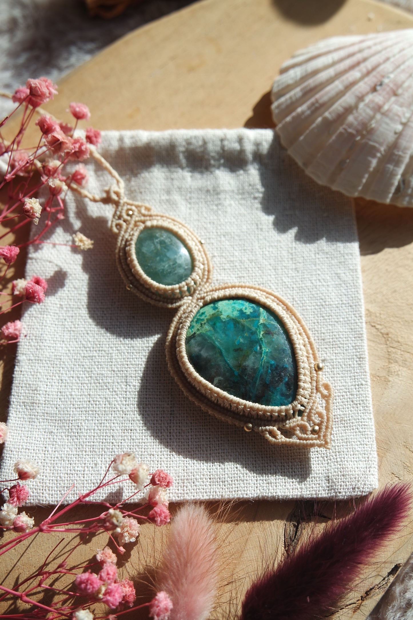 Aquamarin & Chrysokoll Makramee Kette ~ AMELIRA