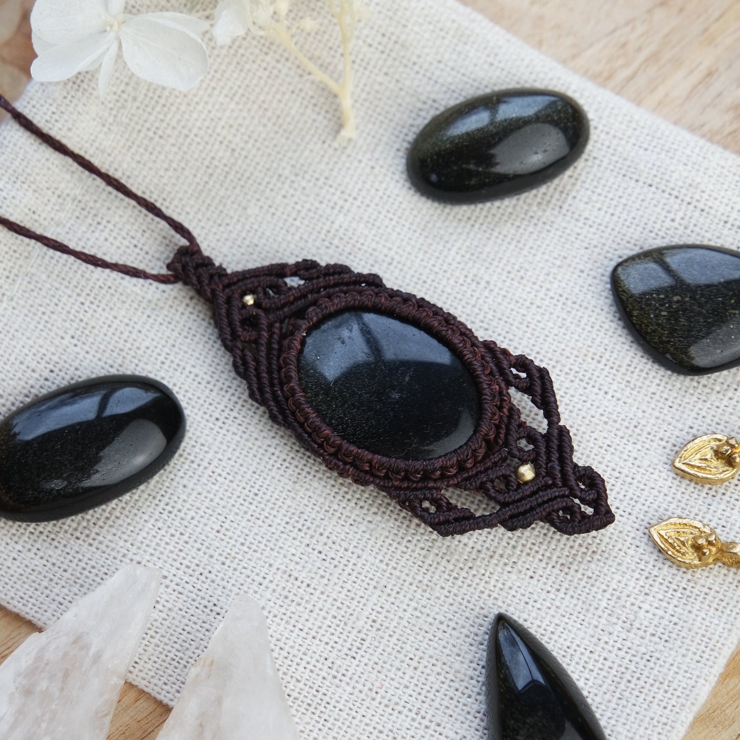 Gold Obsidian Makramee Kette ~ Seelenkuss48